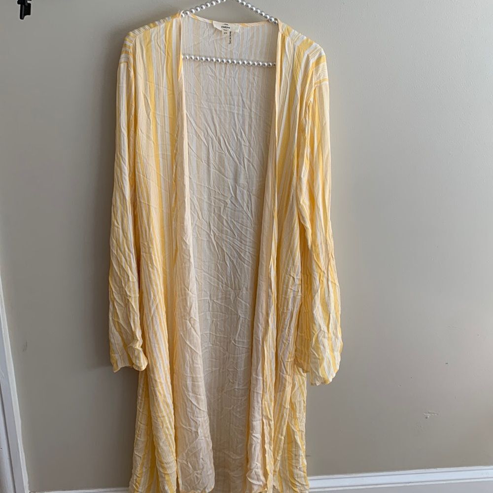 Entro Yellow White Striped Maxi Duster Cardigan Open Front Boho Kimono 2X Rayon